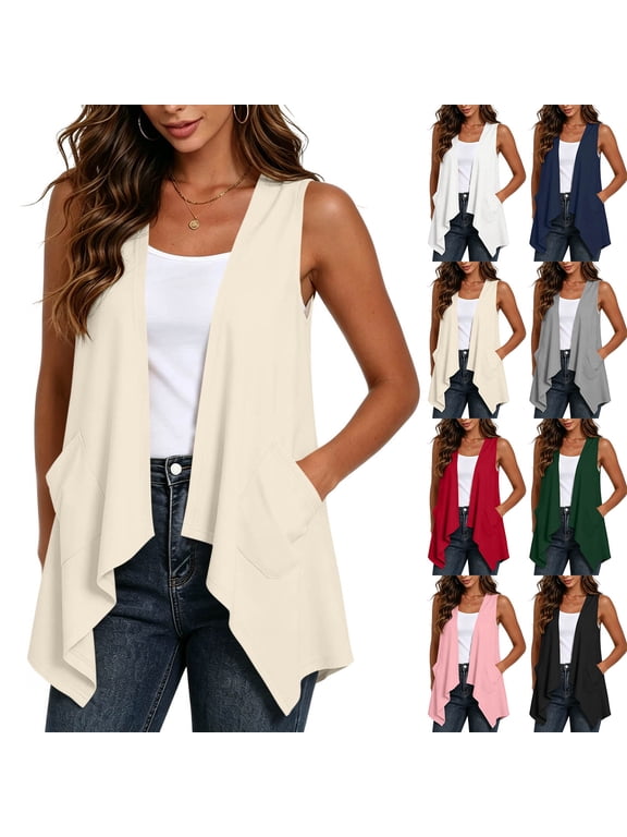 Womens Draped Cardigans Lightweight Sleeveless Open Front Duster Summer Casual Vest Jacket with Pockets (2XL, Beige)