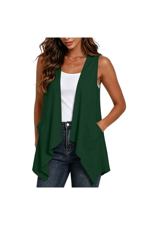Womens Draped Cardigans Lightweight Sleeveless Open Front Duster Summer Casual Vest Jacket with Pockets (2XL, Green)