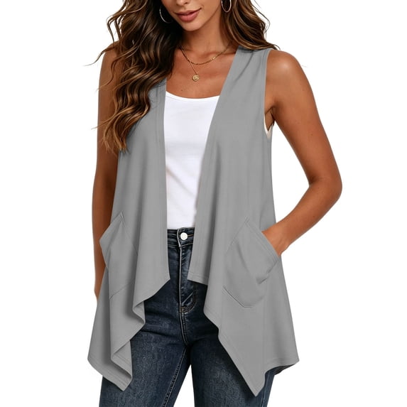 Womens Draped Cardigans Lightweight Sleeveless Open Front Duster Summer Casual Vest Jacket with Pockets (L, Gray)