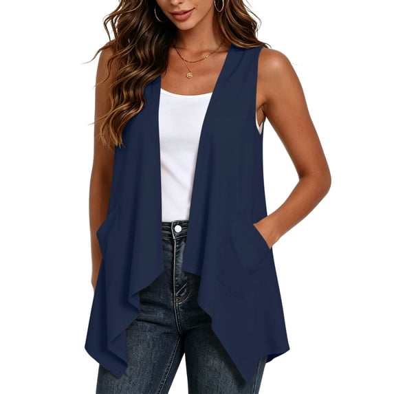 Womens Draped Cardigans Lightweight Sleeveless Open Front Duster Summer Casual Vest Jacket with Pockets (M, Navy)