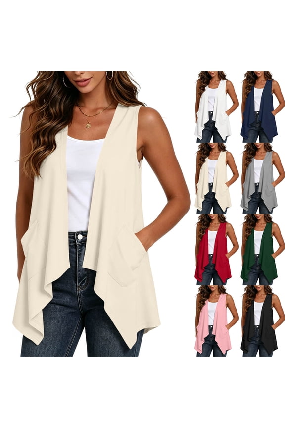 Womens Draped Cardigans Lightweight Sleeveless Open Front Duster Summer Casual Vest Jacket with Pockets (S, Beige)