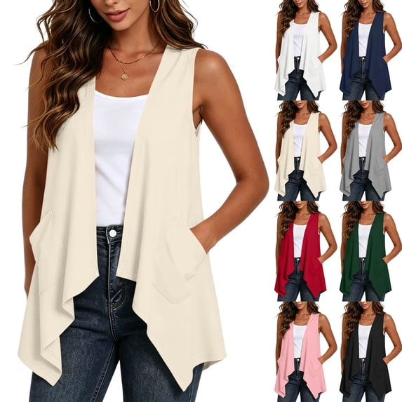 Womens Draped Cardigans Lightweight Sleeveless Open Front Duster Summer Casual Vest Jacket with Pockets (XL, Beige)