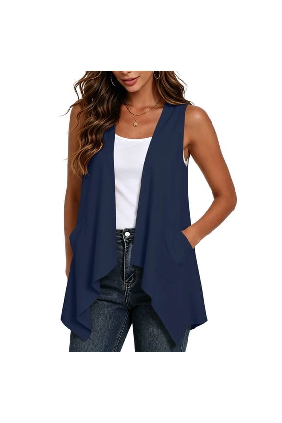 Womens Draped Cardigans Lightweight Sleeveless Open Front Duster Summer Casual Vest Jacket with Pockets (XL, Navy)
