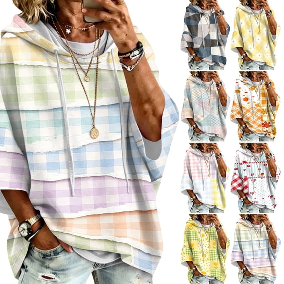 Womens Drawstring 3/4 Sleeve Pullover Top, Plaid Print Hoodie, Loose Fit Casual Hooded Sweatshirt For Everyday Wear Blue 3XL