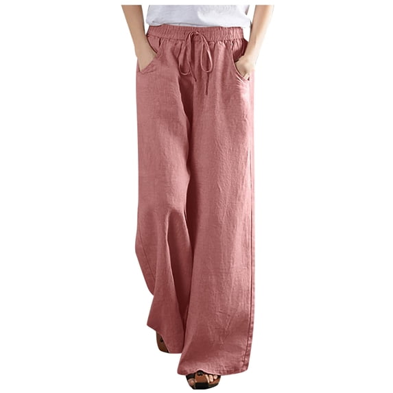 Womens Drawstring Cotton Linen Pants Solid Elastic High Waist Wide Leg Pants with Pockets Causal Loungewear Pants Vacation Beach(2XL,Pink)