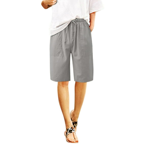 Womens Drawstring Cotton Linen Shorts Comfy Elastic Waist Knee Length Shorts with Pockets Solid Loose Casual Pants(M,Gray)