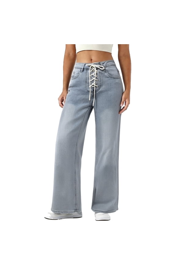 Womens Drawstring Crisscross Lace Up Straight Leg Jeans Fashion Vintage Slimming Wide Leg Denim Trendy Baggy Jeans for Women Streetwear Style
