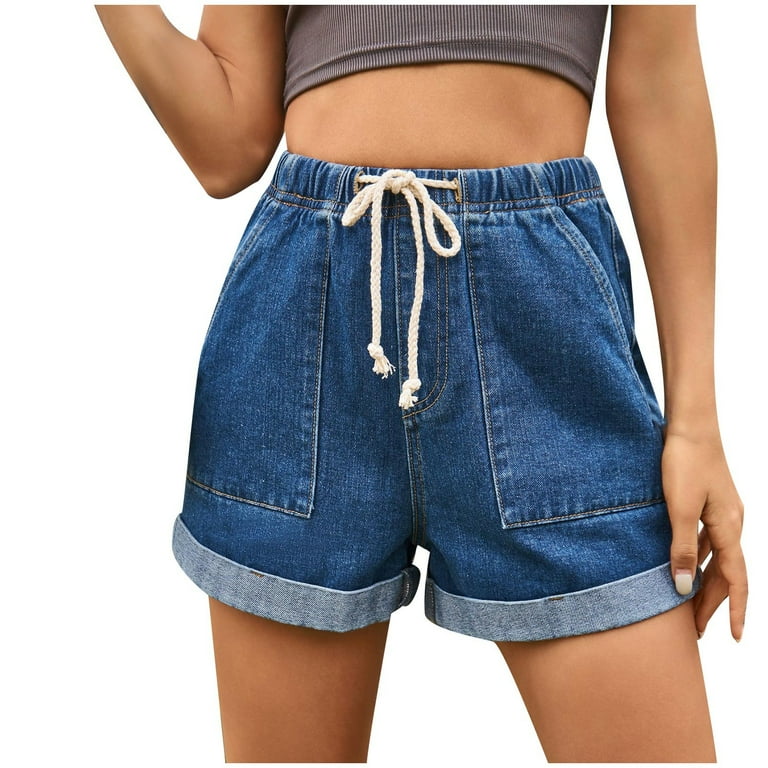 Casual Solid Draw String High Waist Regular Denim Shorts