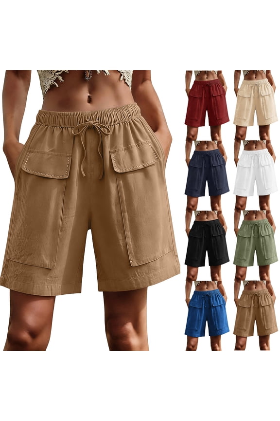 Womens Drawstring Elastic Waist Shorts - Travel Vacation Casual Loose Straight Leg Bermuda Shorts with Front Pockets, Khaki, s