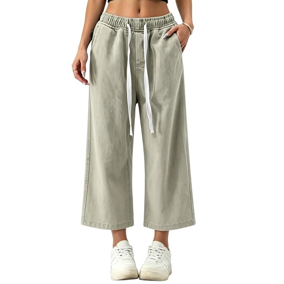 Womens Drawstring Elastic Waist Straight Leg Denim Jeans With Pockets For Casual Everyday Wear Denim Pants For Women