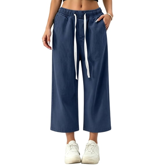Womens Drawstring Elastic Waist Straight Leg Denim Jeans With Pockets For Casual Everyday Wear Denim Pants For Women