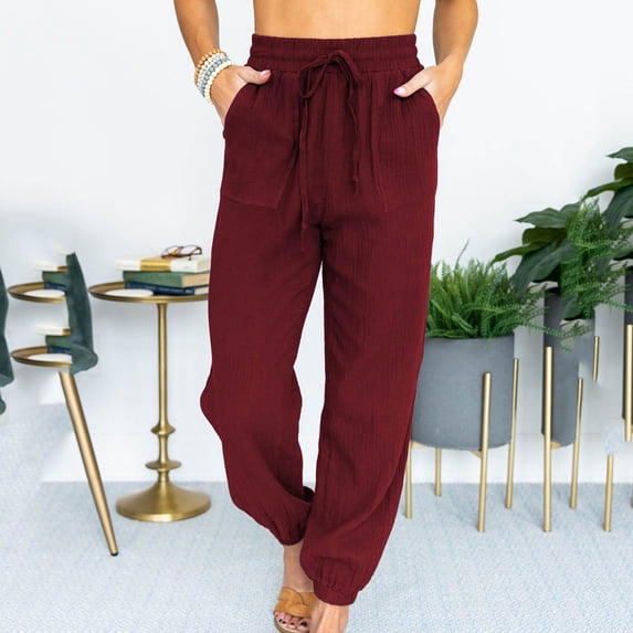 Womens Drawstring High Waisted Sweatpants Athletic Casual Loose Jogger Pants Summer Solid Color Trousers with Pockets New Wine 3XL