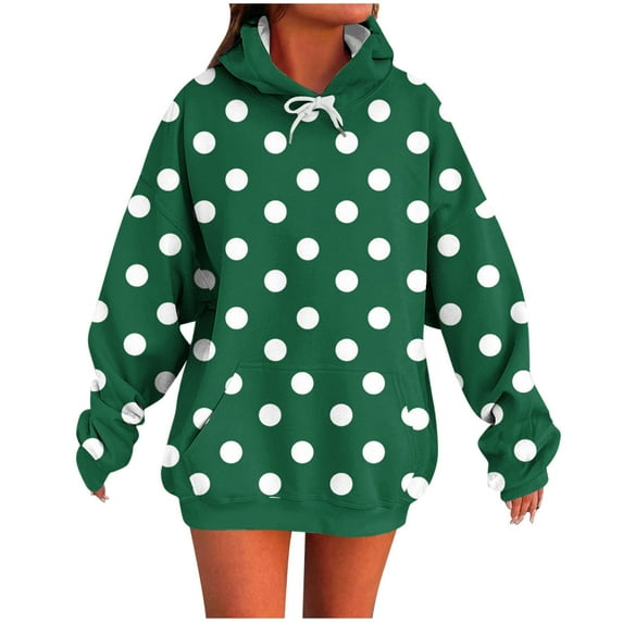Womens Drawstring Hooded Sweatshirts, Hoodies for Women Fall Fashion Loose Fit Dots Printed Long Sleeve Pullover with Pockets S-2XL