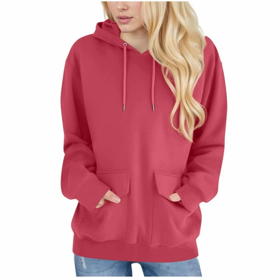 Womens Drawstring Hooded Sweatshirts, Long Sleeve Pullover for Women Fall Fashion Loose Fit Solid Color Crewneck Hoodies with Pockets
