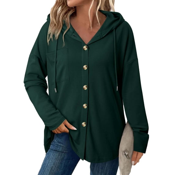 Womens Drawstring Hoodies Button Up Shackets Casual Loose Sweatshirts Fall Spring Long Sleeve Outwear Tops (L, Army Green)