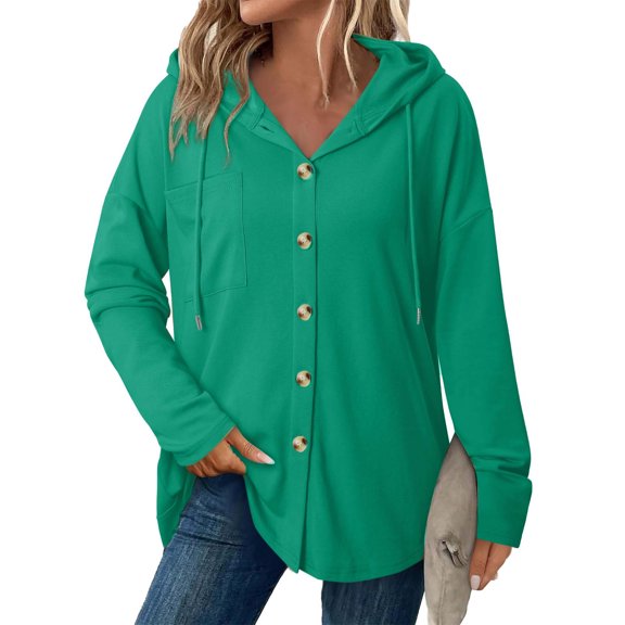 Womens Drawstring Hoodies Button Up Shackets Casual Loose Sweatshirts Fall Spring Long Sleeve Outwear Tops (L, Green)