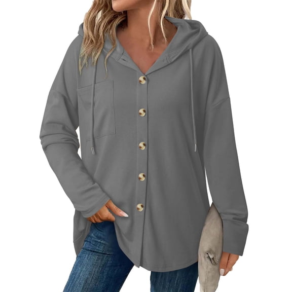 Womens Drawstring Hoodies Button Up Shackets Casual Loose Sweatshirts Fall Spring Long Sleeve Outwear Tops (M, Gray)
