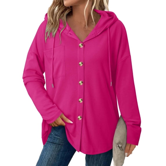 Womens Drawstring Hoodies Button Up Shackets Casual Loose Sweatshirts Fall Spring Long Sleeve Outwear Tops (S, Hot Pink)