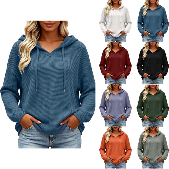Womens Drawstring Hoodies Zaewscy Women's Fall Casual Hooded V Neck Long Sleeve Sweatshirt Blue S