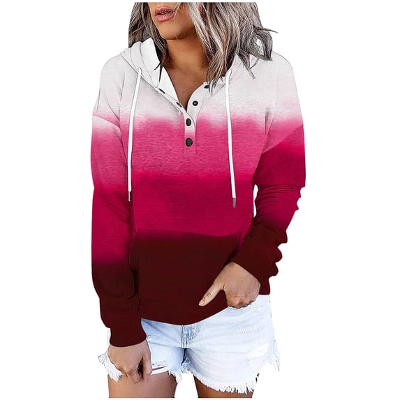 Womens Drawstring Hoodies with Buttons Pocket Gradient Color Trendy Casual Hooded Sweatshirt Long Sleeve Pullover (XL, Hot Pink)