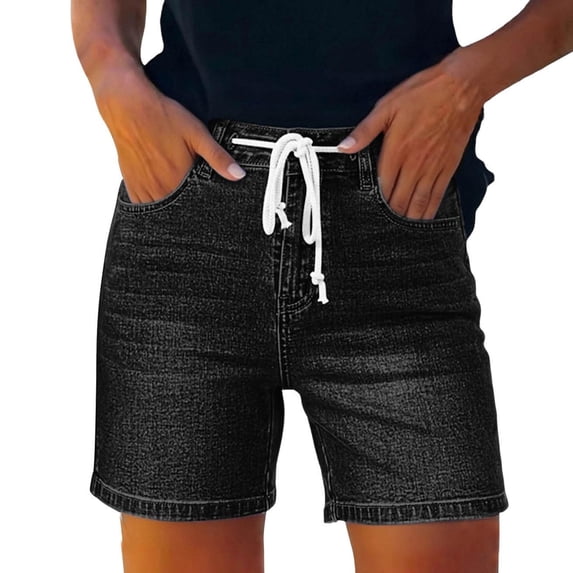 Womens Drawstring Jean Shorts Elastic Waist Shorts Women Womens Athletic Shorts Wide Leg Jean Bermuda Shorts Ripped Jean Shorts Women Ladies Walking Shorts Elastic Denim Shorts for Women