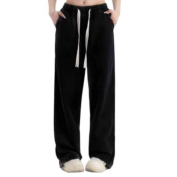 Womens Drawstring Jeans, Audhol Women's High Waist Straight Jeans Pants,Vintage Wide Leg,Casual Baggy Ripped Denim Trouser Baggy Jeans Women Black1 M