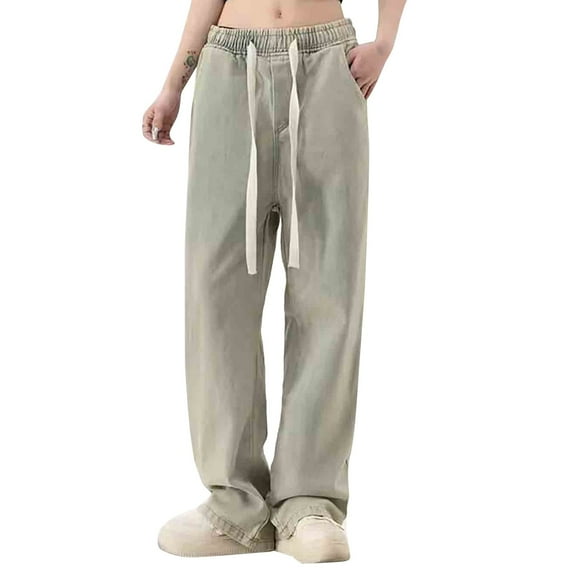 Womens Drawstring Jeans, Audhol Women's High Waist Straight Jeans Pants,Vintage Wide Leg,Casual Baggy Ripped Denim Trouser Baggy Jeans Women Yellow M