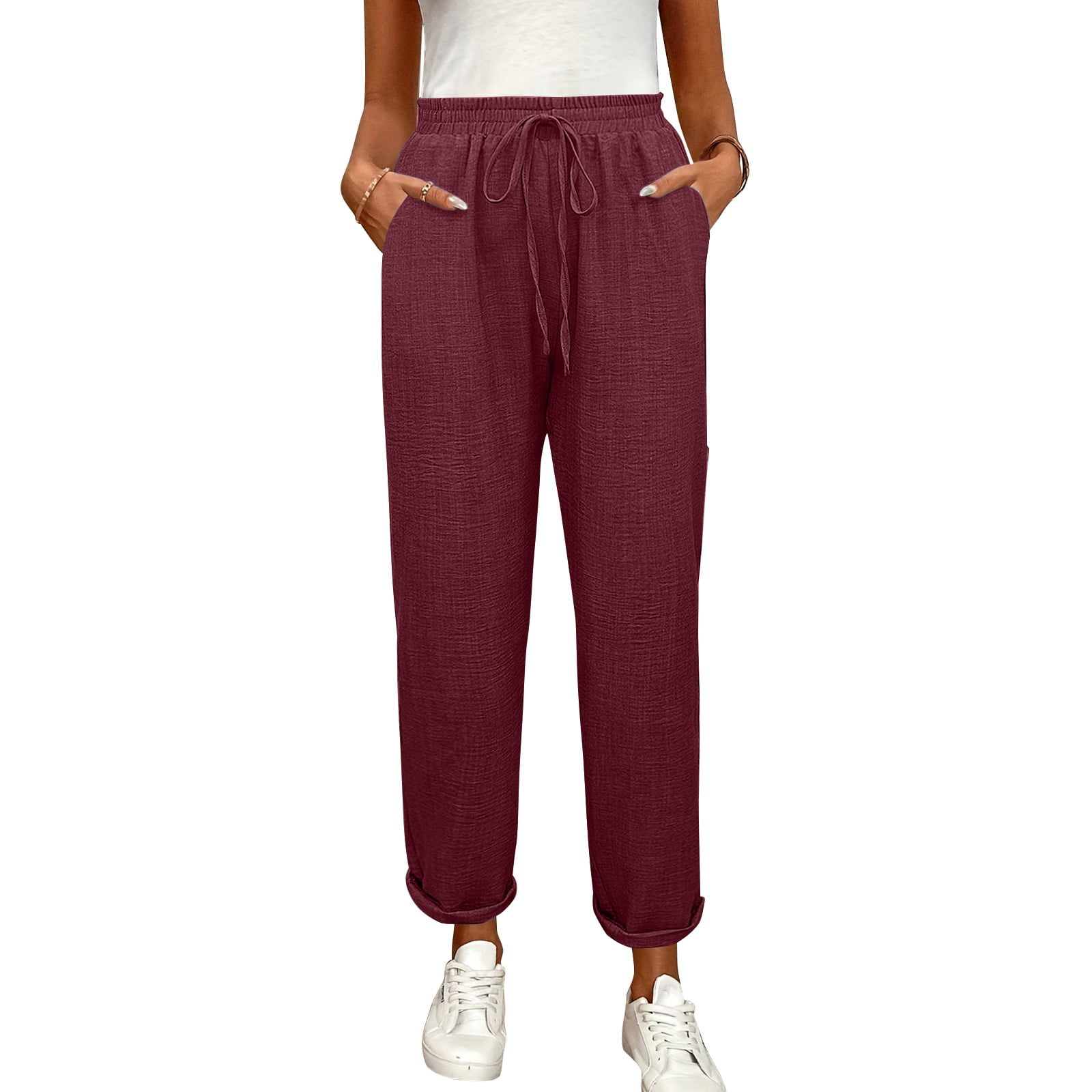 パンツ jocond Comfortable long tapered slacks Womens-Drawstring-Linen-Pants-