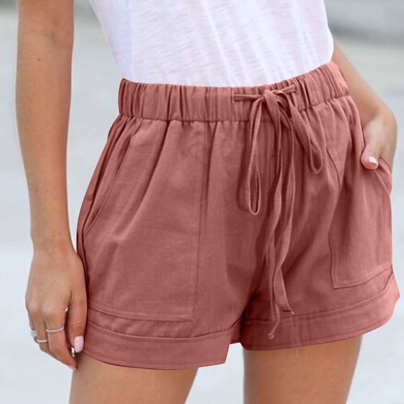 Womens Drawstring Shorts Summer Elastic Waist Casual Lightweight with Pockets Pink L