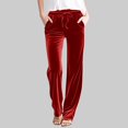 thumbnail image 1 of Womens Drawstring Slim Fit Velvet Pants Solid Color Elastic Waist Straight Leg Soft Stretchy Comfy Fabric Casual Daily Office Weekend Fall Winter Fashion Ladies Wear Red M, 1 of 10