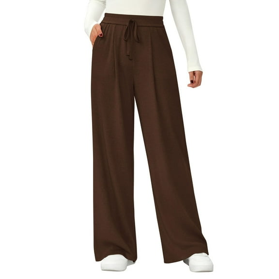 Womens Drawstring Sweatpants, High Waisted Lightweight Lounge Straight Leg Casual Pants with Pockets Brown L