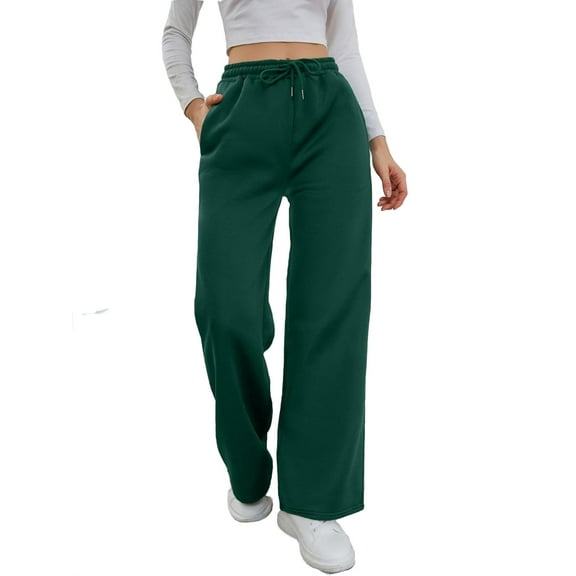 Womens Drawstring Waist Sweatpants Plain Long Loose Dark Green M