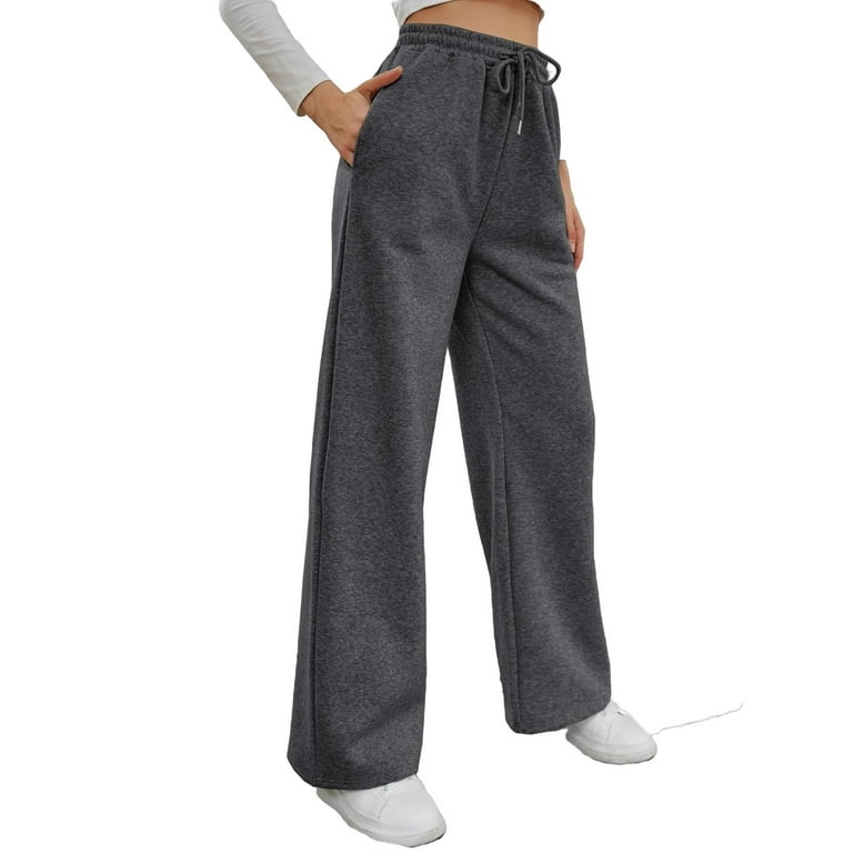 Womens Drawstring Waist Sweatpants Plain Long Loose Dark Grey XS