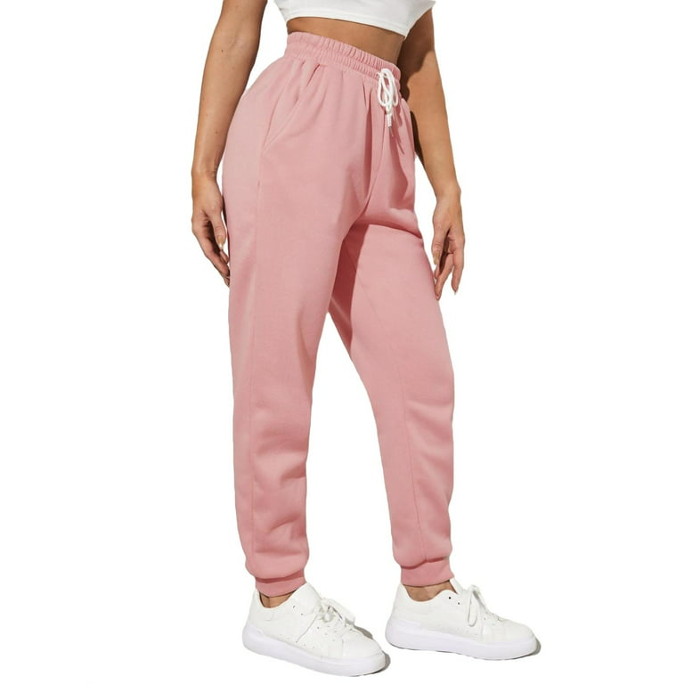 Womens Drawstring Waist Sweatpants Plain Long Regular Fit Baby Pink M