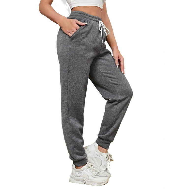 Womens Drawstring Waist Sweatpants Plain Long Regular Fit Grey S