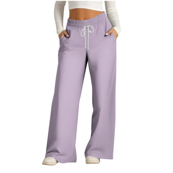 Womens Drawstring Wide Leg Sweatpants Basic Solid Color Elastic Waist Casual Athletic Track Pants with Pockets