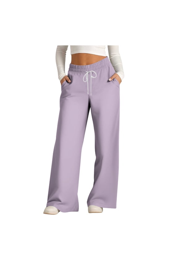 Womens Drawstring Wide Leg Sweatpants Basic Solid Color Elastic Waist Casual Athletic Track Pants with Pockets