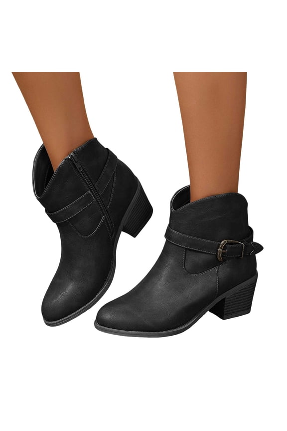 Womens Dress Ankle Boots Black Wide Calf Poined Toe Stacked Mid Heel Slip On Short Western Booties