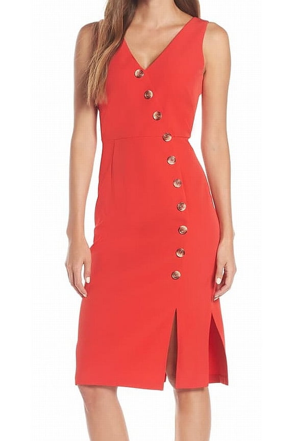 Womens Embellished Bodycon Asymmetrical Button-Through V-Neck Dress Red 4