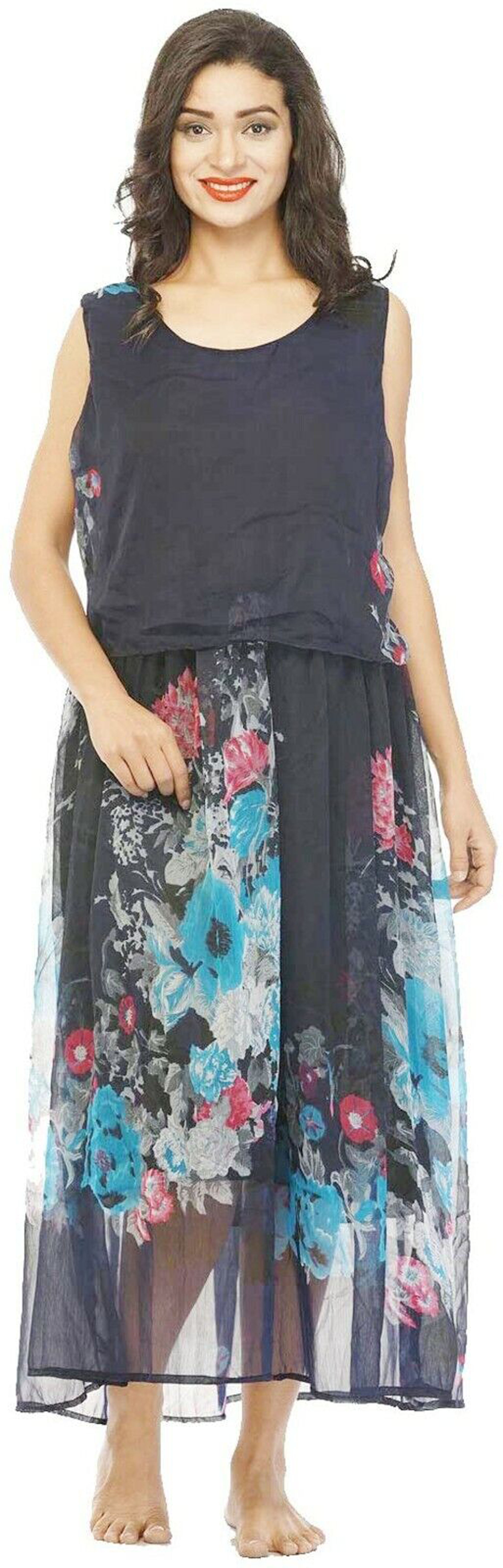 Womens Dress Blue Printed Chiffon Sleeveless Beach Party Maxi L-49 ...