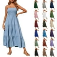 thumbnail image 1 of Womens Dress Bohemian Spaghetti Strap Smocked Tiered Long Beach Sun Dresses Sleeveless Solid Maxi Dress, 1 of 10