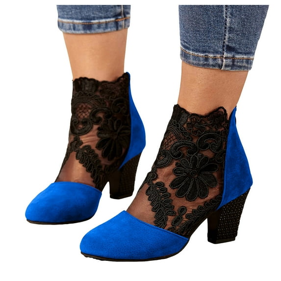 Womens Dress Boots Sexy Retro Lace Suede Patchwork Chunky High Heels Ankle Booties Fall Short Boots for Lady