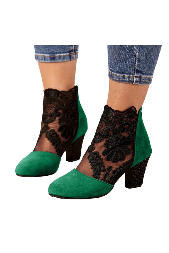 Womens Dress Boots Sexy Retro Lace Suede Patchwork Chunky High Heels Ankle Booties Fall Short Boots for Lady