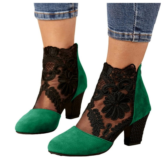 Womens Dress Boots Sexy Retro Lace Suede Patchwork Chunky High Heels Ankle Booties Fall Short Boots for Lady