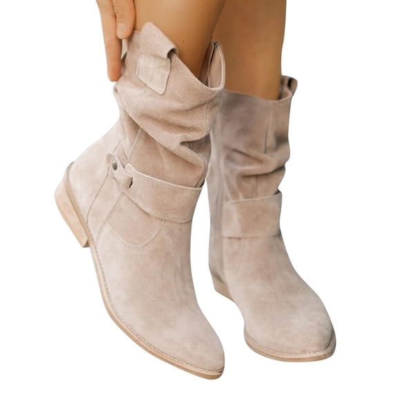 Womens Dress Boots Women's Low Heel Suede Cowboy Pointed Toe Classic Half Boot with Zip Comfortable Fall Ankle Boots Fashion Shoes for Women Casual Shoes Mid Calf Boots Slouchy Flat Boots