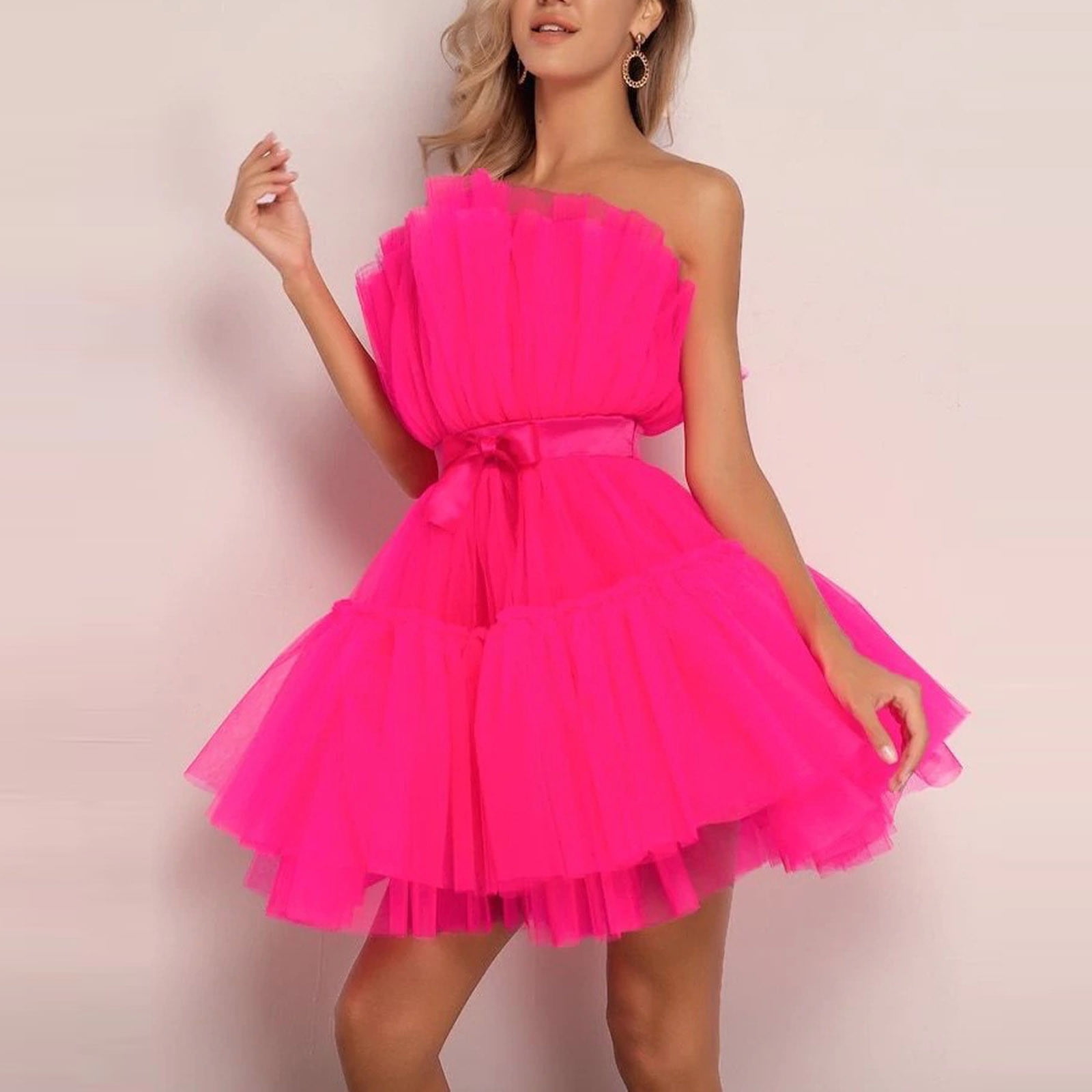 Womens Dress Clearance Women Tulle Dress Sleeveless Short Dress Solid Mesh  Princess Steapless Party Dress Hot Pink Xl D3115