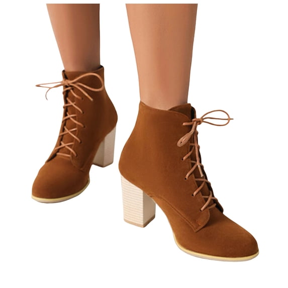 Womens Dress Combat Boots Fall Winter Suede Fake Wooden Chunky High Heels Lace up Dressy Short Ankle Booties