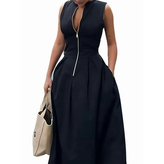Womens Dress Deep V Neck Zip Up Cap Sleeve Smocked Elastic Waist Split Summer Casual Midi Dress with Pockets Black L