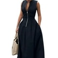 thumbnail image 1 of Womens Dress Deep V Neck Zip Up Cap Sleeve Smocked Elastic Waist Split Summer Casual Midi Dress with Pockets, 1 of 5