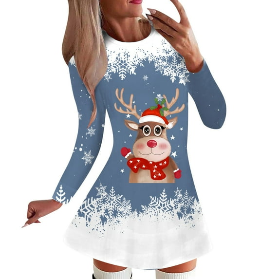 Womens Dress Fashion Casual Christmas Dress Long Sleeved Printed Round Neck Party Christmas Snowflake Dress